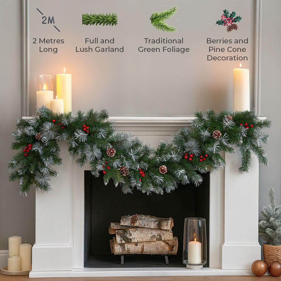 image 1 of Neo 2m Artificial Green Christmas Garland Lush Evergreen Holiday Decoration Reusable Festive Wreath Trim for Mantel, Staircase & Outdoor Use | Green | Green Red