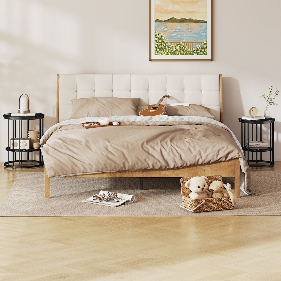 image 1 of HOMCOM Round Coffee Table Set of 2, Marble-Effect Side Tables with Storage Open Shelf and Steel Frame for Living Room, Bedroom, Black Marble Effect