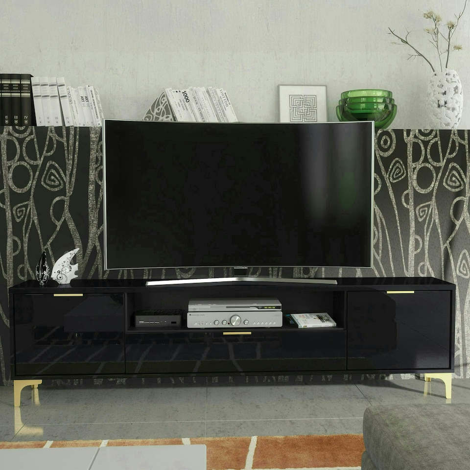 image 1 of TV Unit 200cm Black Gloss Doors with Gold Legs and Centre Drawer Black