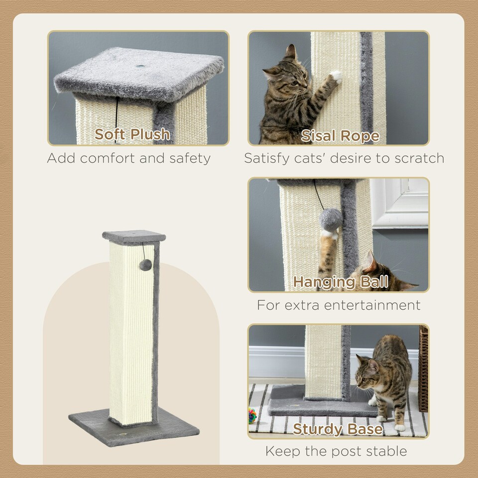image 1 of PawHut Cat Scratching Post with Vertical Sisal Rope Ball Plush, 81cm, Grey