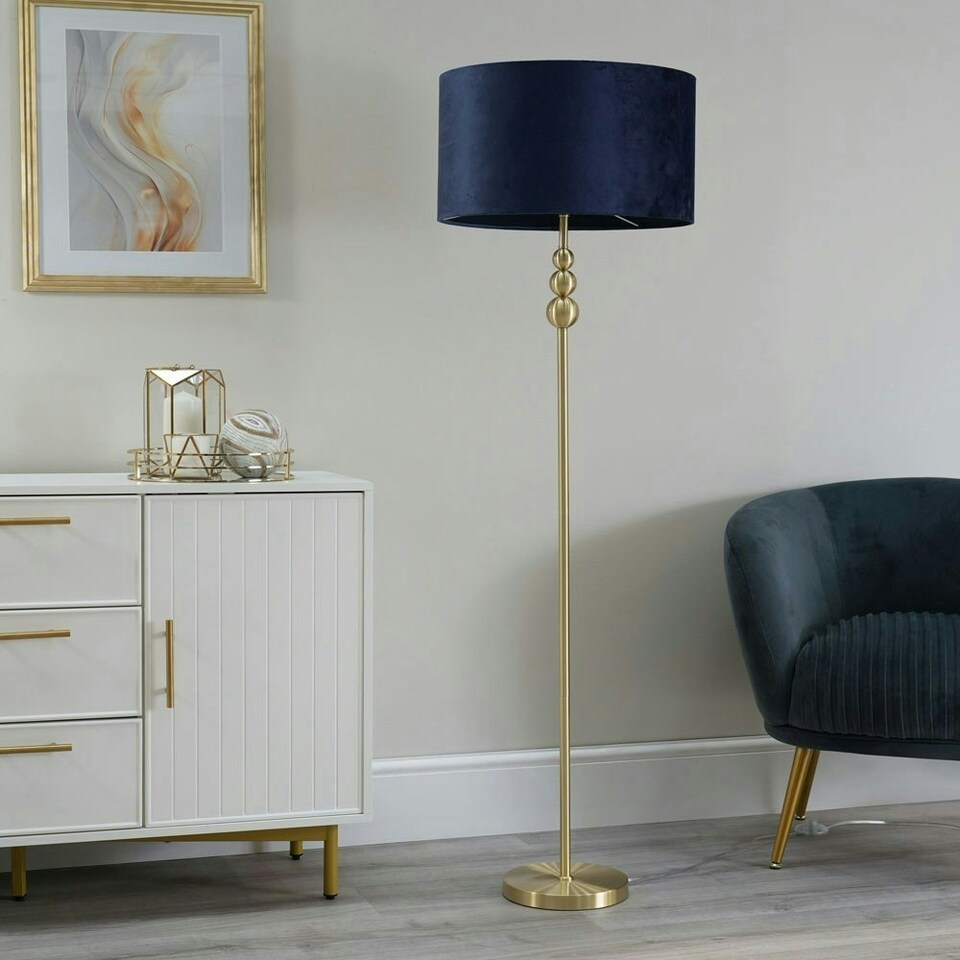 image 1 of ValueLights Marissa Navy Blue Velvet Drum Shade with Brushed Gold Stacked Ball Floor Lamp