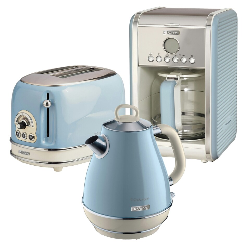 image 1 of Ariete ARPK9 Vintage Retro Jug Kettle, Toaster & Filter Coffee Machine Set, Blue