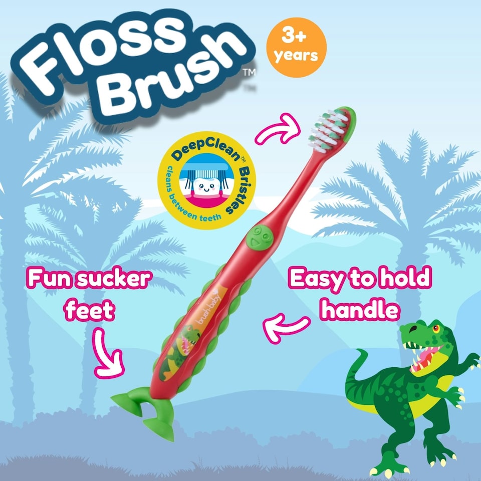 image 1 of Brush Baby Dinosaur FlossBrush™ Bristles Toothbrushes Double Pack (3-6 Years)