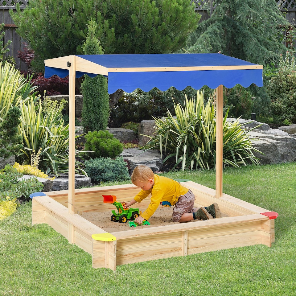 image 1 of Outsunny Kids Wooden Cabana Sandbox Children Outdoor Playset w/ Bench Canopy