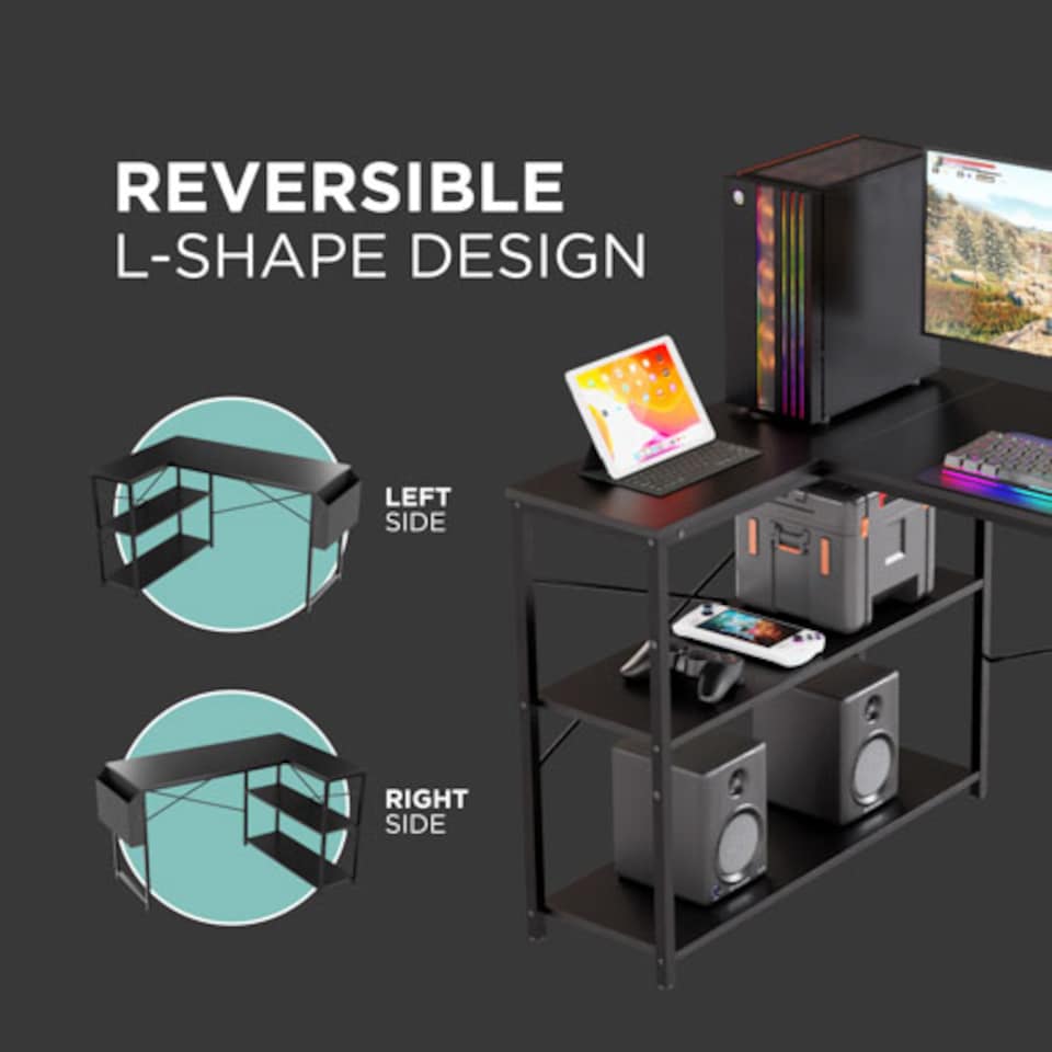 image 1 of DMD Reversible L-Shaped Computer Desk with Storage Shelves | Black
