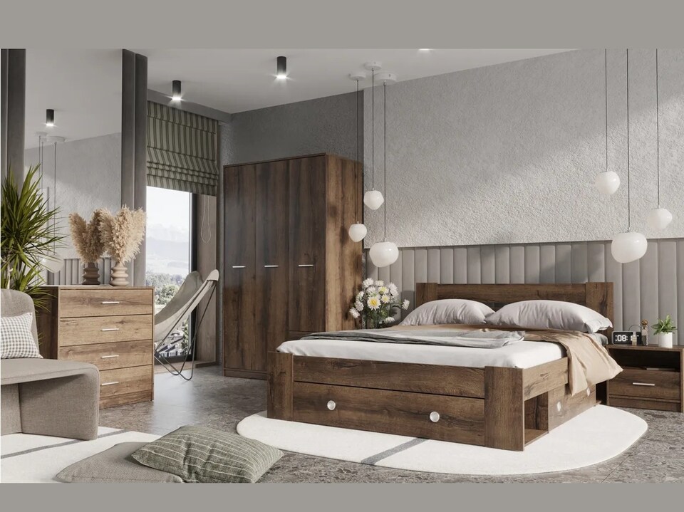 image 1 of King Size Bed Storage Shelves Dark Oak Headboard Built In Shelving 160cm Euro Wooden Slats Nepo