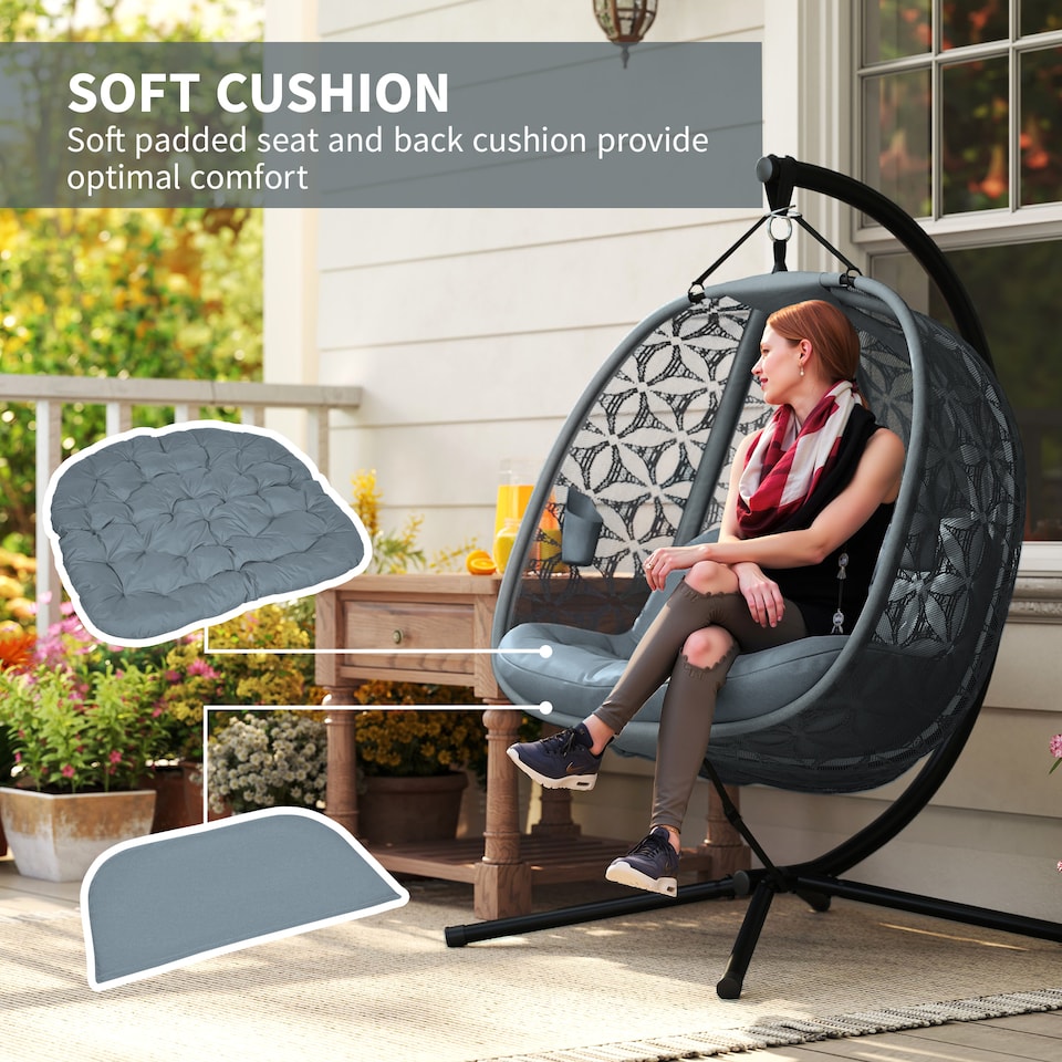image 1 of Outsunny Double Hanging Swing Chair w/ Stand & Cup Holders, Charcoal Grey | Grey