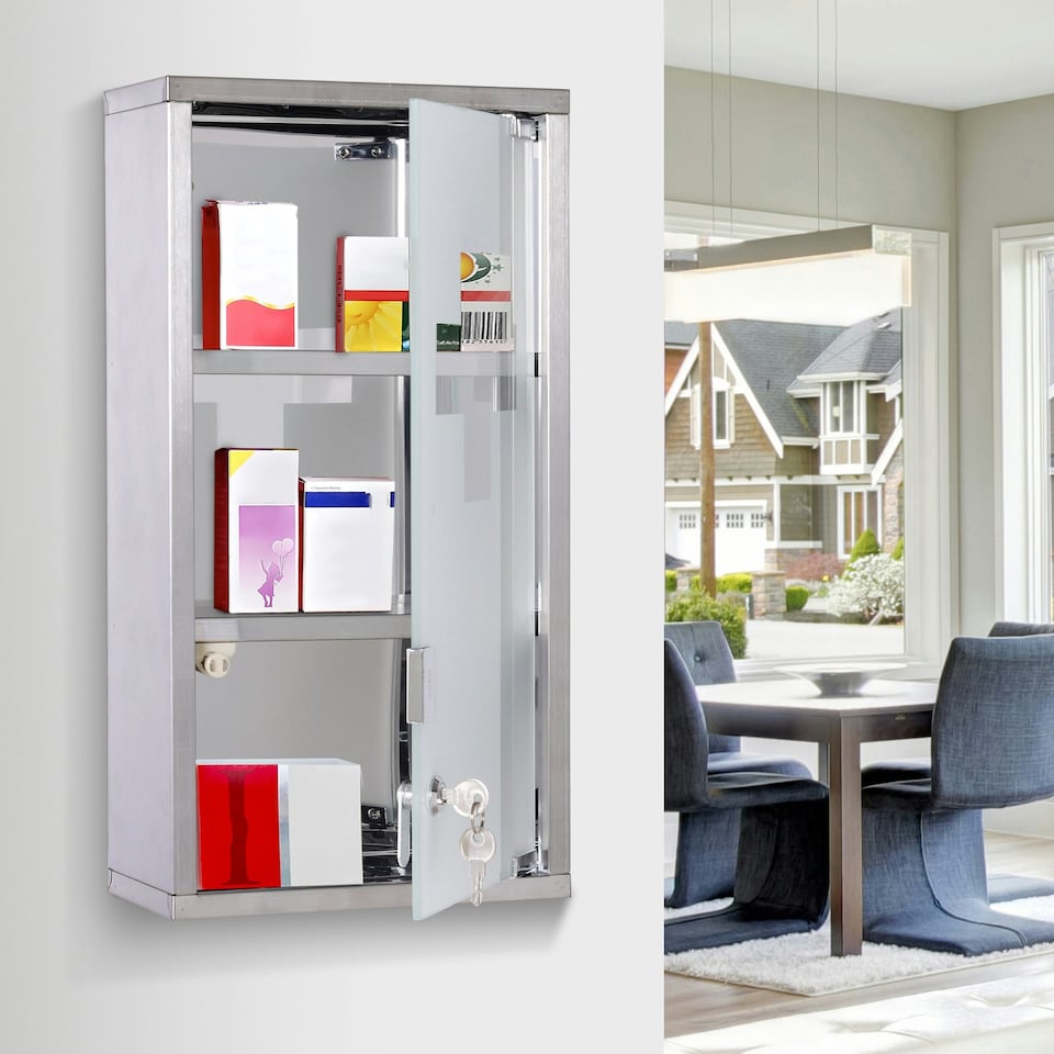 image 1 of HOMCOM Wall Mounted Medicine Cabinet First Aid Box Glass Door Lockable 3 Shelves Silver