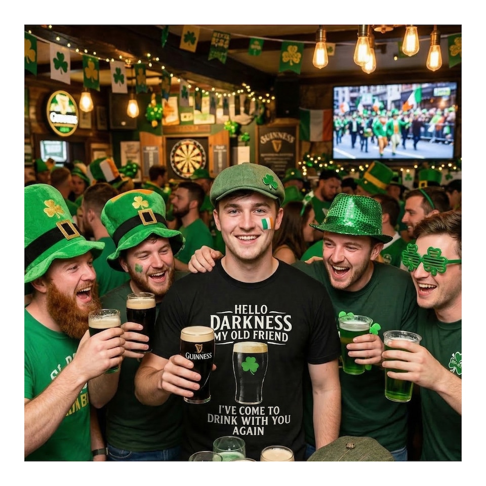 image 1 of St Patricks Black Tshirt with Hello Darkness in White & Irish Trilby | Multi | XL