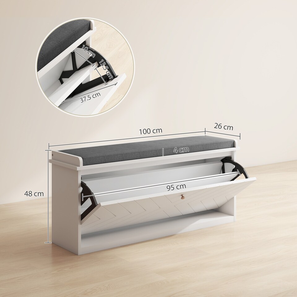 image 1 of HOMCOM Shoe Bench with Flip Drawer, Cushion, 10 Pairs for Entryway White