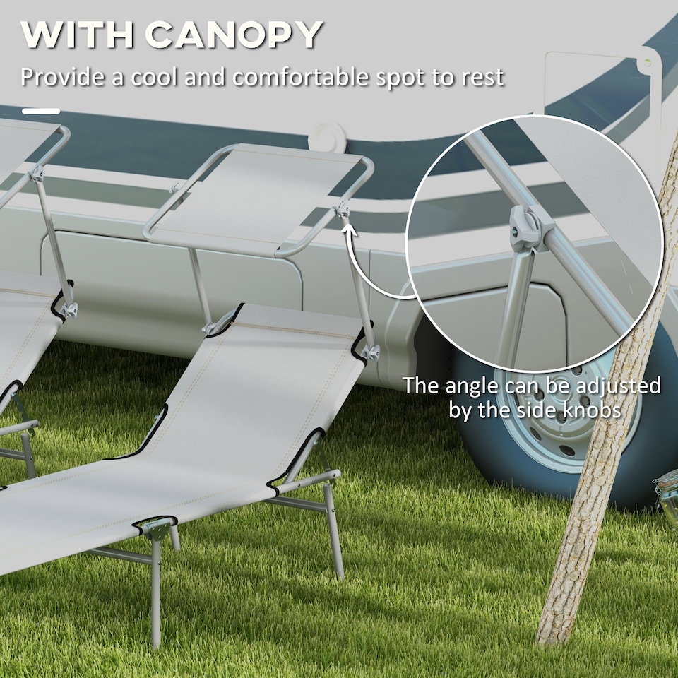 image 1 of Outsunny Folding Sun Lounger Set of 2 w/ Sunshade Adjustable Backrest Light Grey