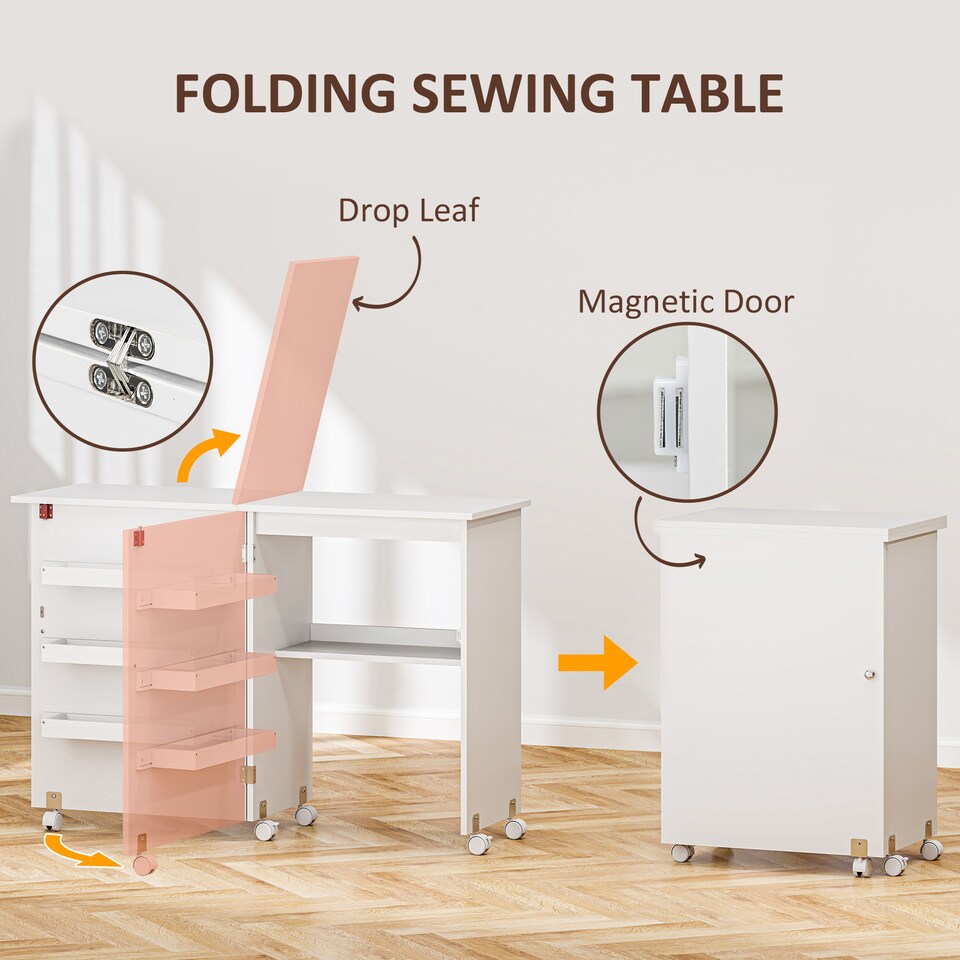 image 1 of HOMCOM Folding Sewing Table Rolling Craft Table with Drop Leaf Wheels White | White