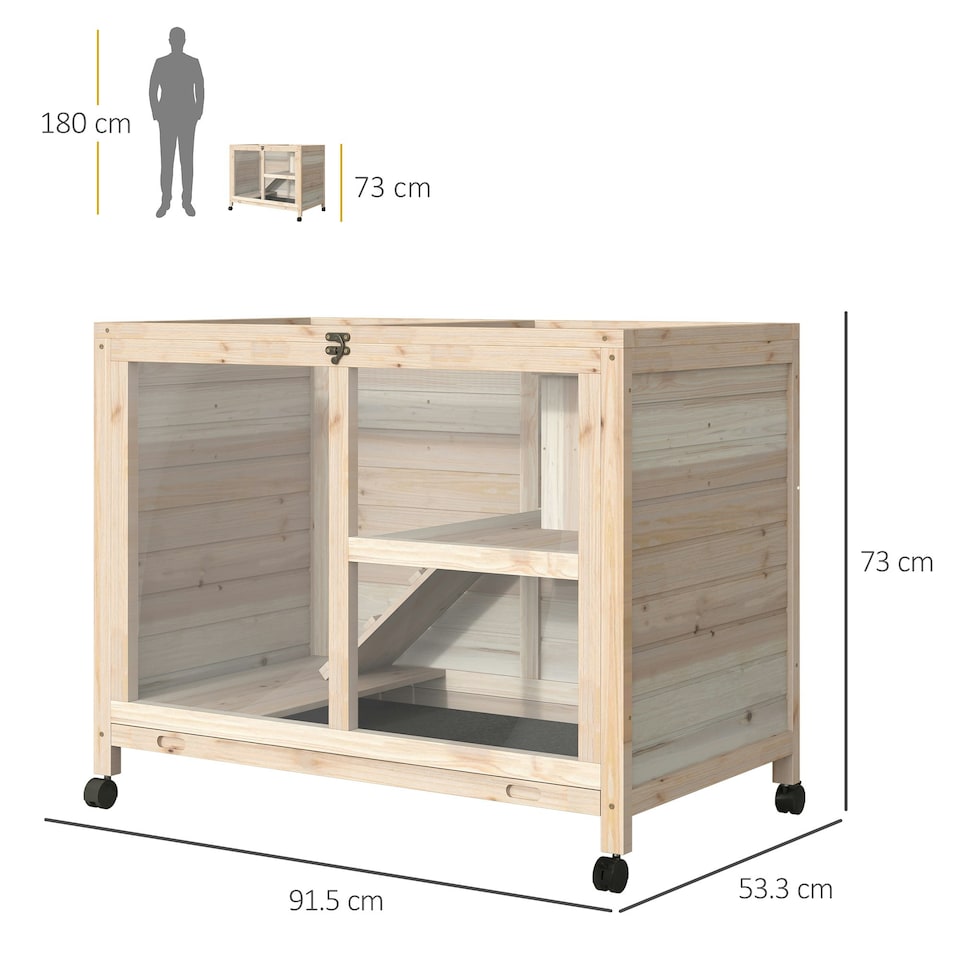 image 1 of PawHut Rabbit Hutch, Bunny Cage 2 Layers with Wheels & Open Roof, Natural
