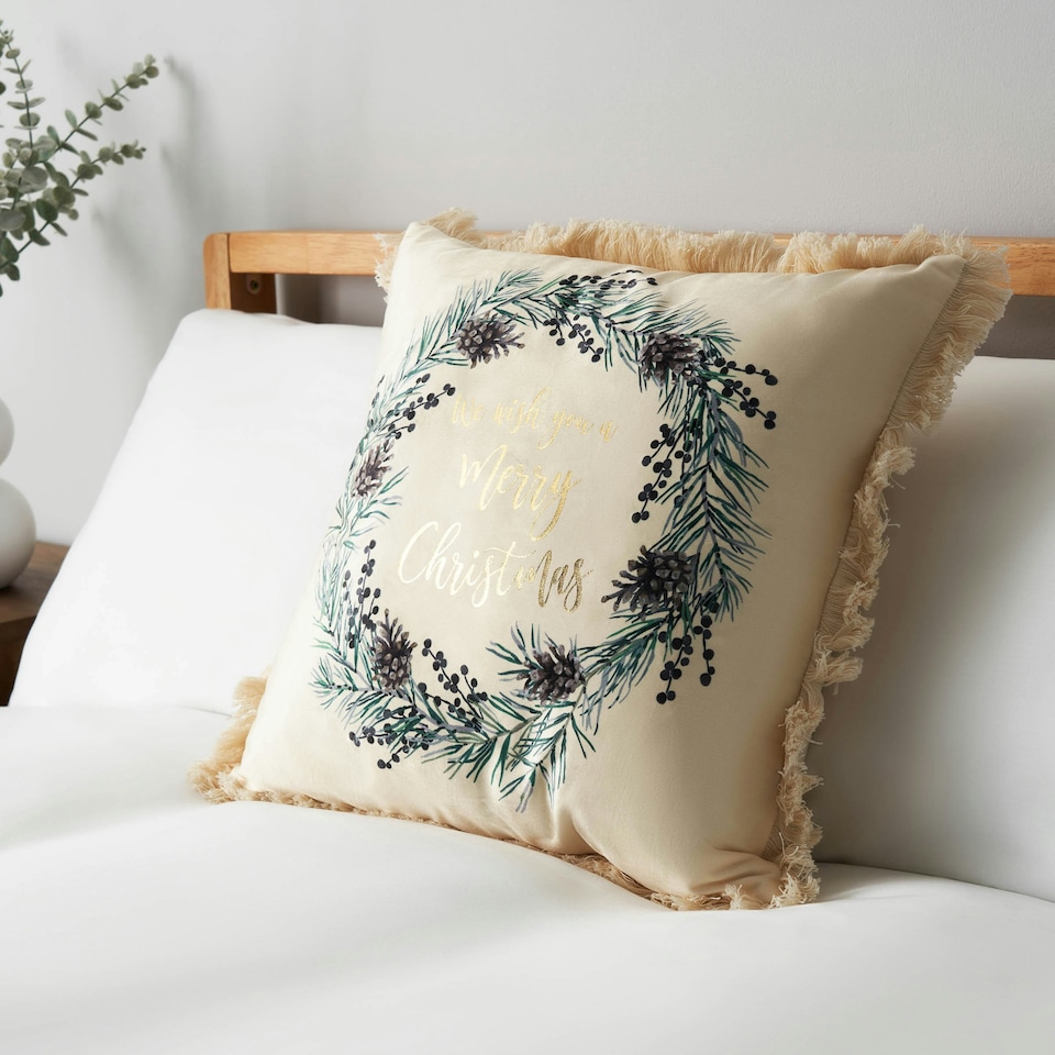 image 1 of BHS Wish You A Merry Christmas Cushion, Cream 