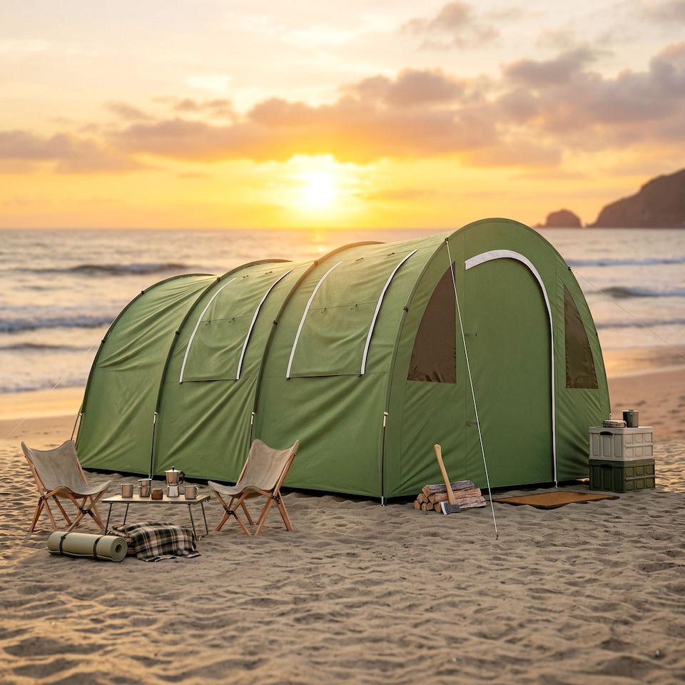 image 1 of Outsunny 4 Man Family Tent Camping Tent with 2 Room and Carry Bag, Green