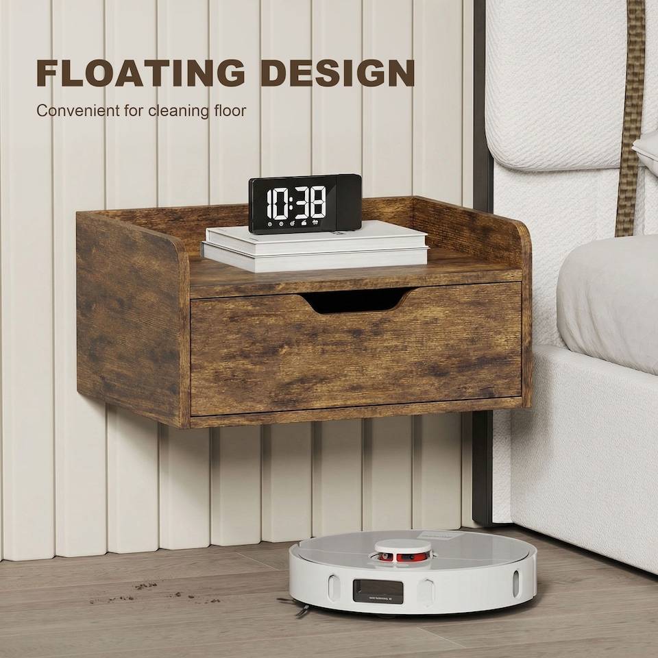 image 1 of HOMCOM Floating Nightstands Set of 2, Nightstand with Drawer | Brown | Natural wood | 40W x 30D x 19.5H cm