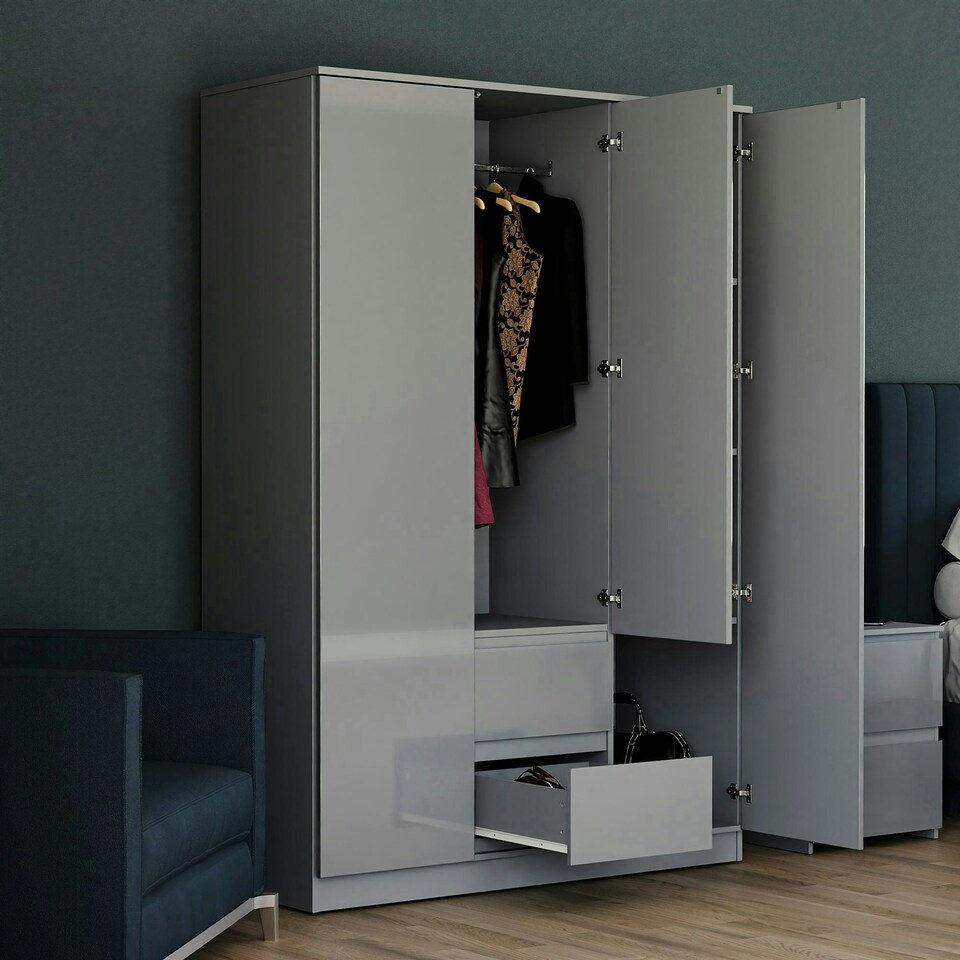 image 1 of Vida Designs Glinton 3 Door 2 Drawer Wardrobe High Gloss Doors With Shelf & Clothes Rail, 100% FSC, Grey