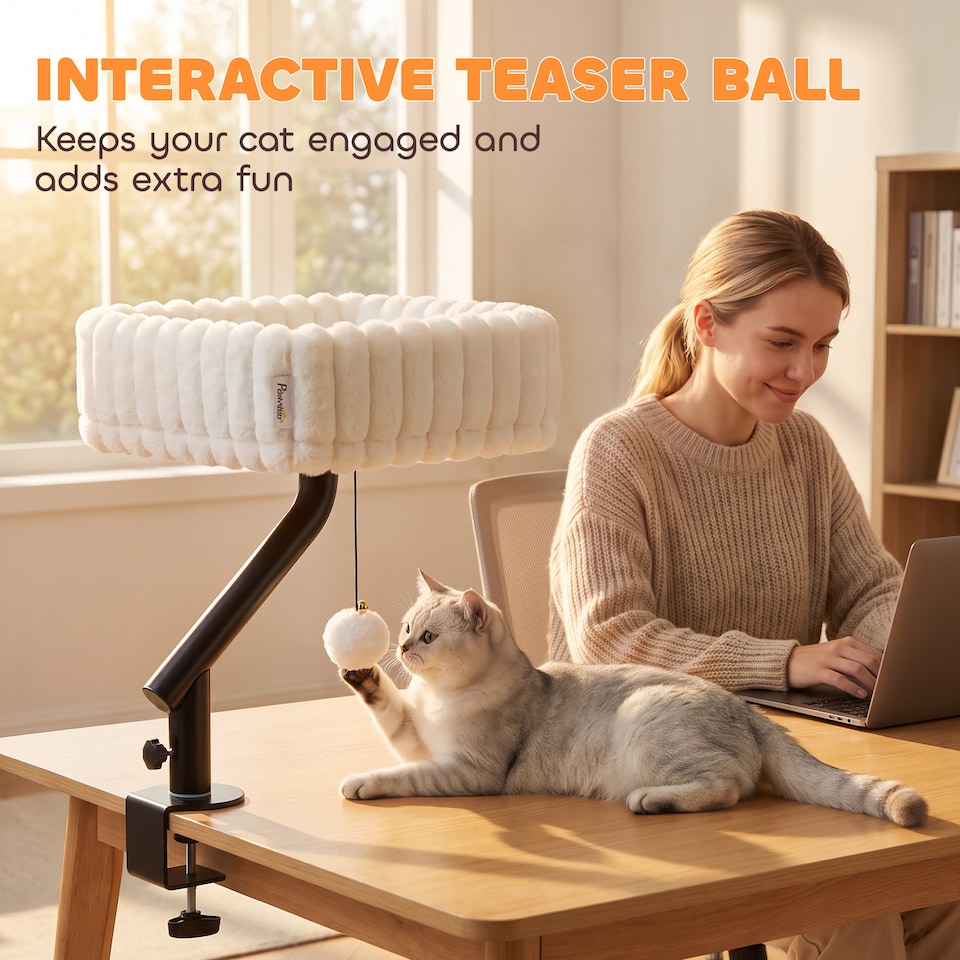 image 1 of PawHut Cat Desk Bed, 360° Rotatable Raised Cat House w/ Hanging Ball, White