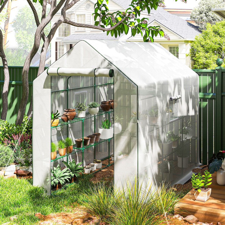 image 1 of Outsunny Walk-in Outdoor Green House with Door and Mesh Windows, White