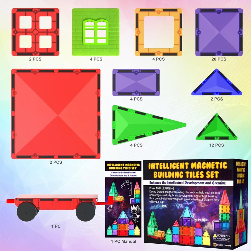 image 1 of Desire Deluxe Magnetic Building Blocks Tiles STEM Toy Set 57PC – Kids Learning Educational Construction Toys for Boys Girls Present Age 3 4 5 6 7 Year Old - Gift