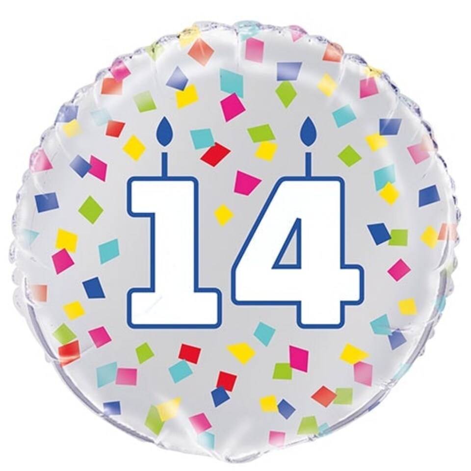 image 1 of Rainbow Confetti Birthday Age 14 Round Foil Helium Balloon 46cm / 18 in
