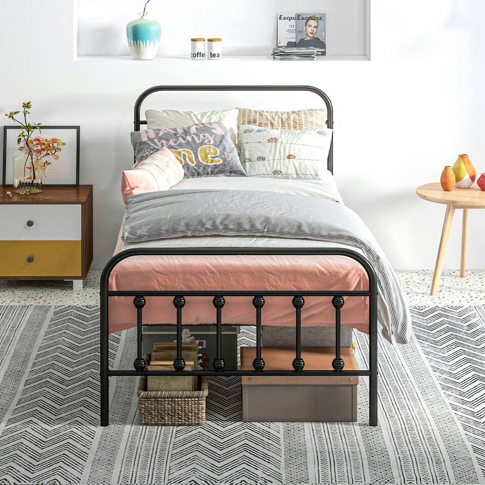 image 1 of HOMCOM 3ft Metal Single Platform Bed Frame w/ Underbed Storage Headboard Black