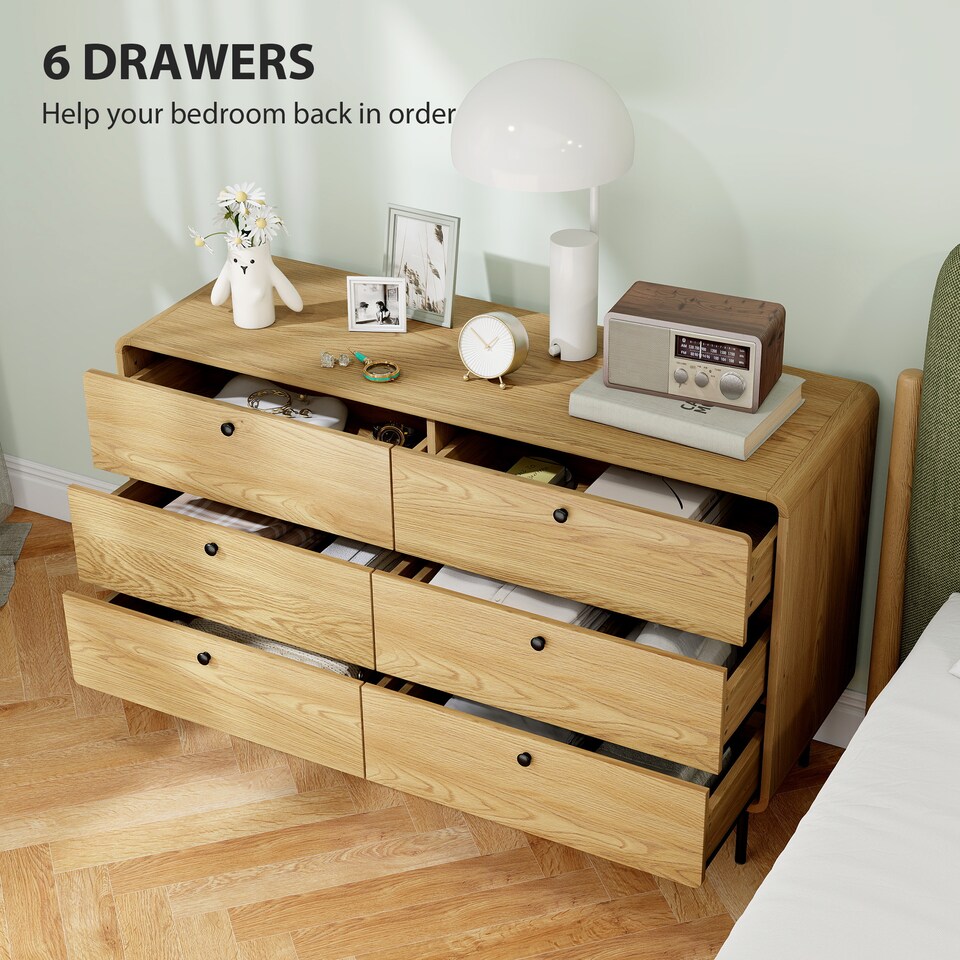 image 1 of HOMCOM Bedroom Chest of Drawers, Modern 6 Drawer Dresser with Rounded Corners and Steel Legs for Living Room, Hallway, Entryway, Oak