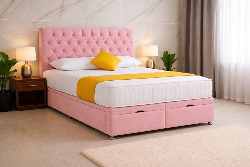 image 1 of Ottoman Bed Pink Plush Chesterfield 4ft6 Double Bed Set with Headboard and Mattress