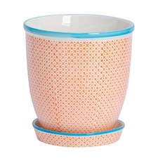 Nicola Spring Hand-Printed Plant Pot with Saucer - 20.5cm - Orange | Orange | Orange / Blue