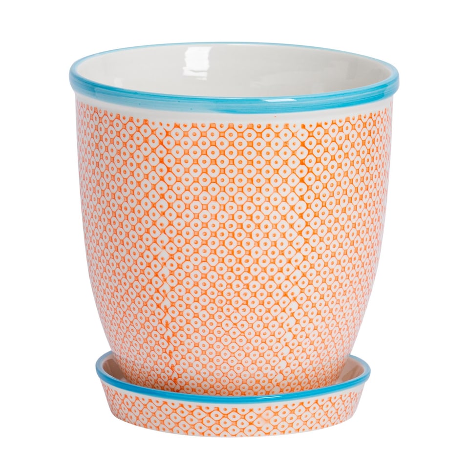 image 1 of Nicola Spring Hand-Printed Plant Pot with Saucer - 20.5cm - Orange | Orange | Orange / Blue