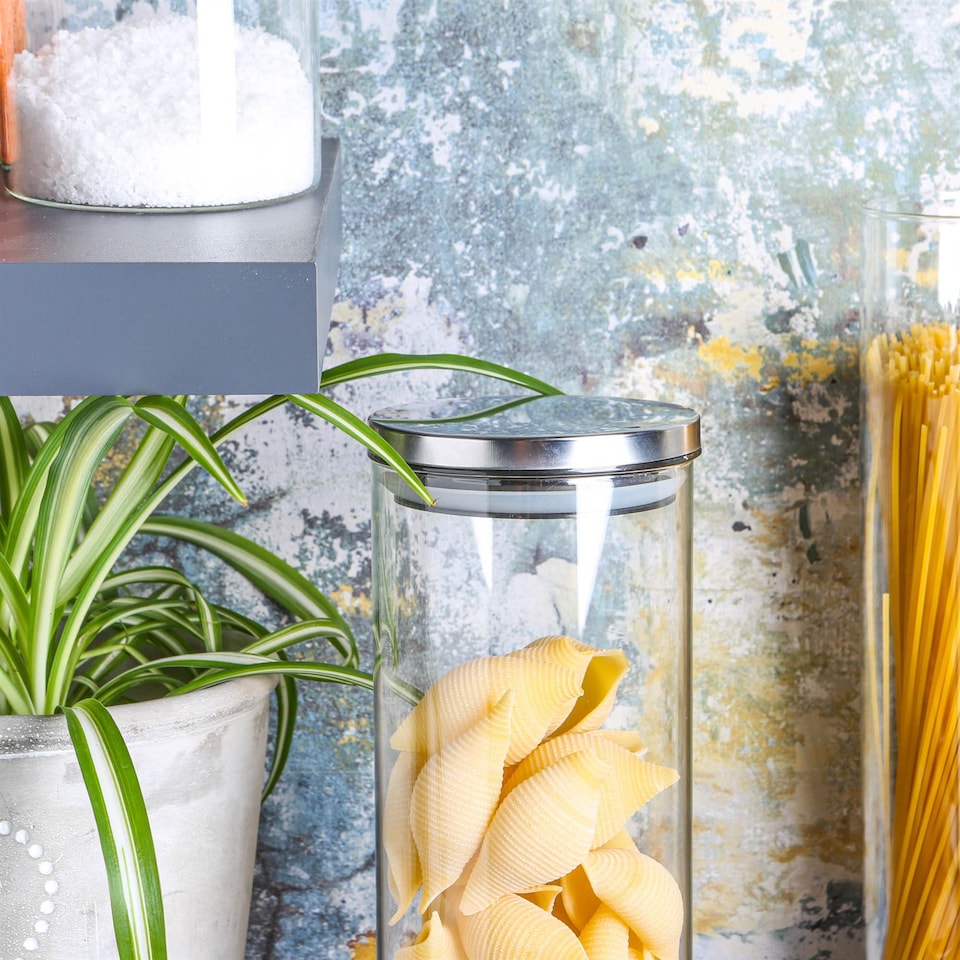 image 1 of Argon Tableware Glass Storage Jar - Silver Lid - 1.5 Litre - Modern Round Scandi Organisation Container Glass Jar