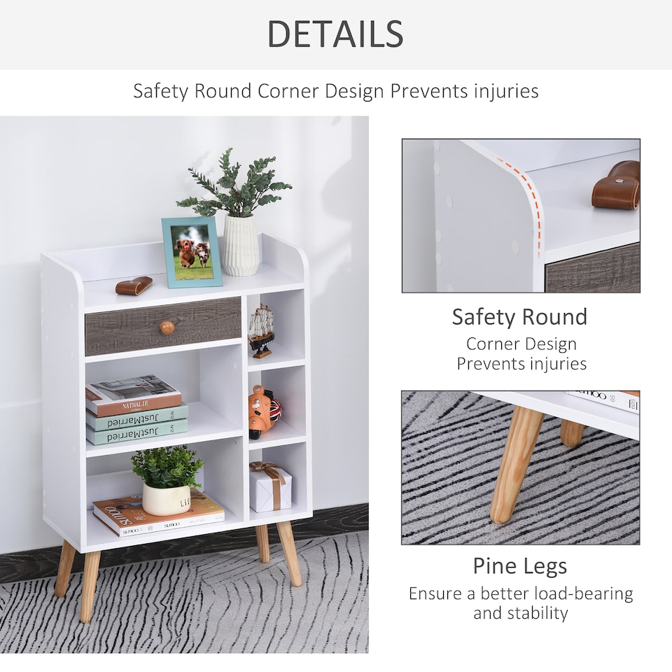 image 1 of HOMCOM Bookcase, Freestanding Book Shelf with Storage Drawer, 6 Shelves and Wood Legs for Home Office Display, White and Grey, 24D x 60W x 86.8H cm