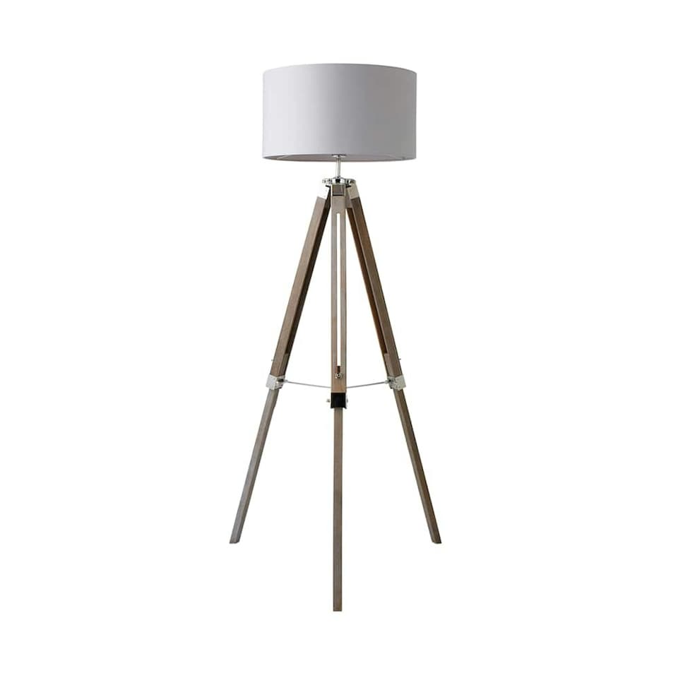 image 1 of ValueLights Modern Light Wood And Chrome Tripod Floor Lamp With Cool Grey Drum Shade Brown