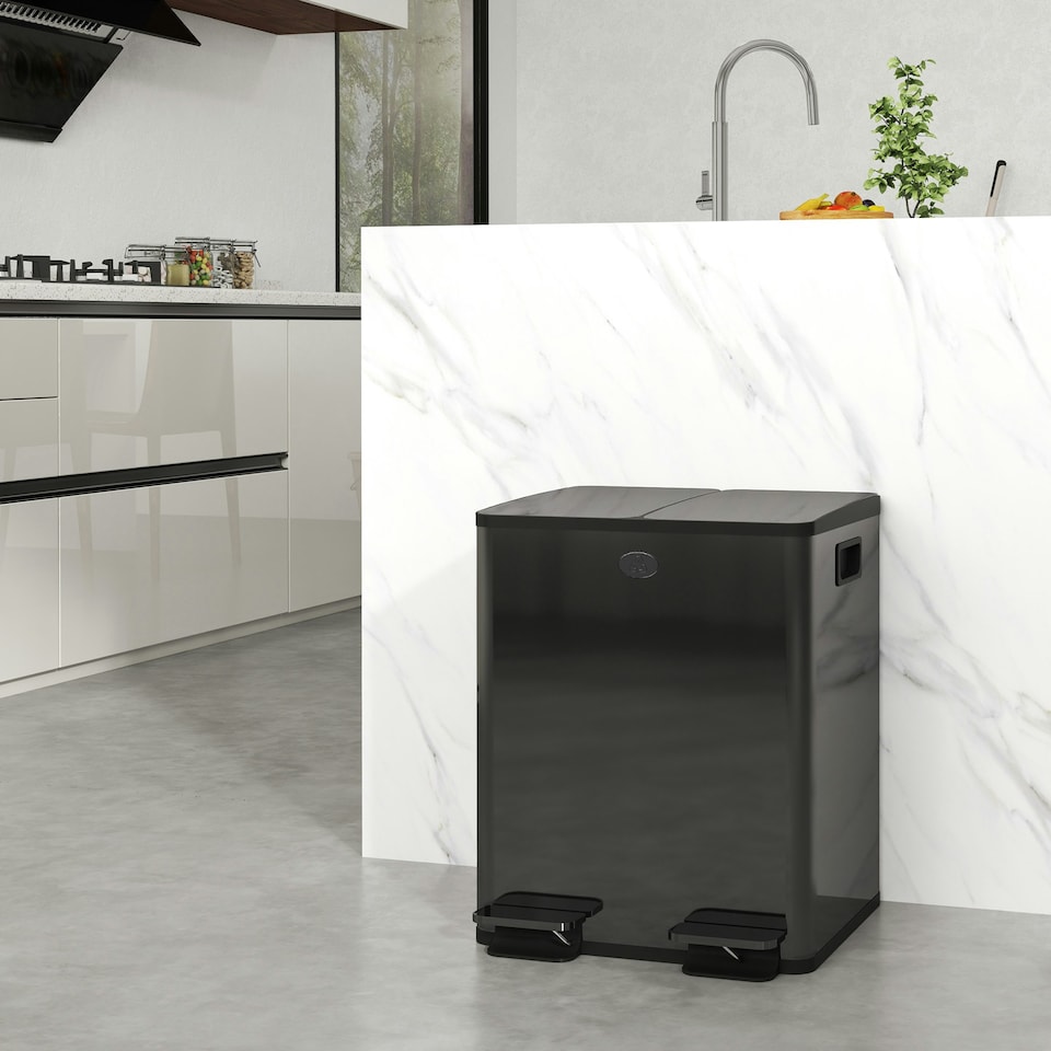 image 1 of HOMCOM 2 x 20L Dual Kitchen Bin Pedal Bin for Recycling and Waste Silver | 40L