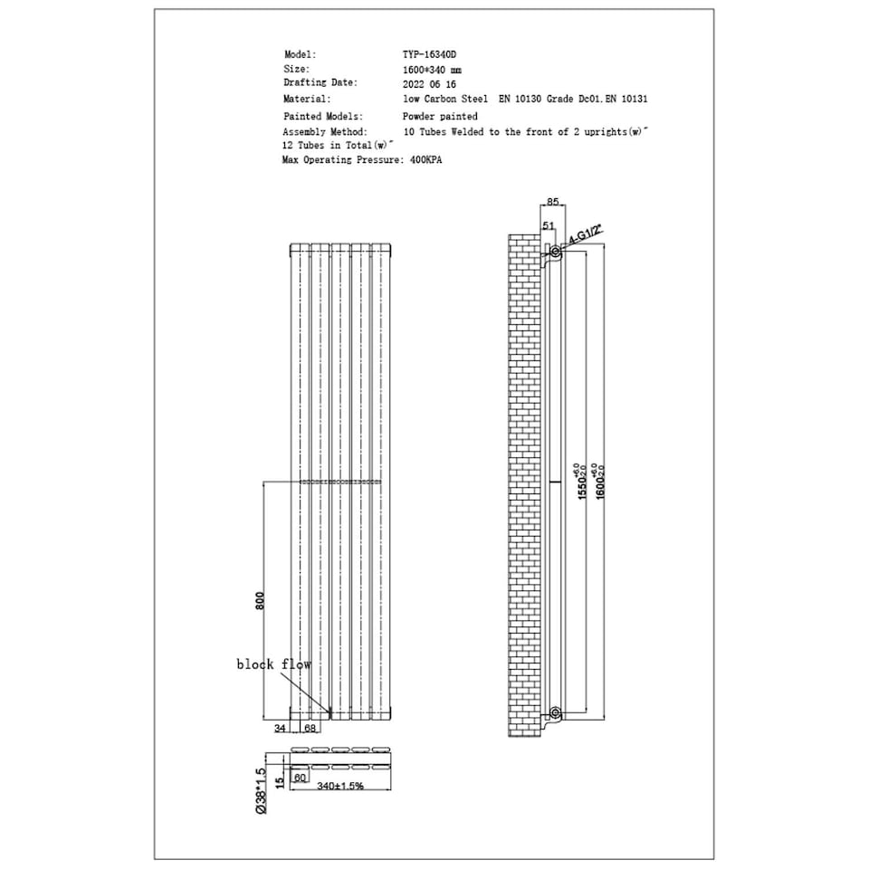 image 1 of Typhoon Vertical Double Panel Bathroom Radiator - Anthracite Grey (H) 1600mm x (W) 340mm