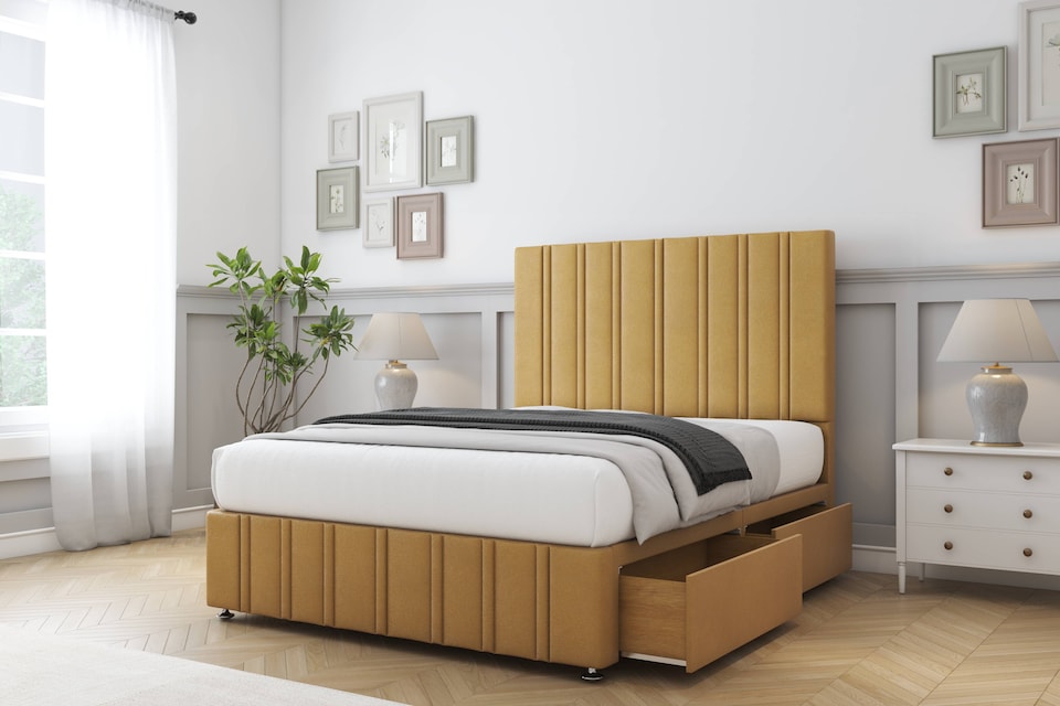 image 1 of Sloomy Langston Mustard Plush Divan Bed With Mattress 2 Drawers Right Side With 26" Strutted Headboard & 12" Matching Footboard 3' Single | Gold | Mustard | Single | 1
