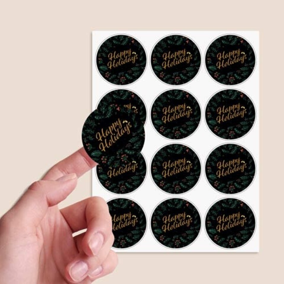 image 1 of Christmas Happy Holidays Black Round Stickers 60mm - Sheet of 12