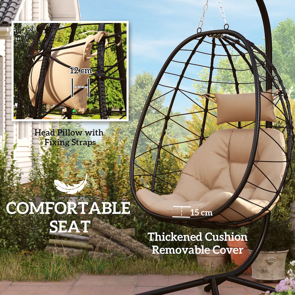 image 1 of Outsunny Garden Egg Chair Outdoor Hanging Swing Chair, Folding Basket, Khaki