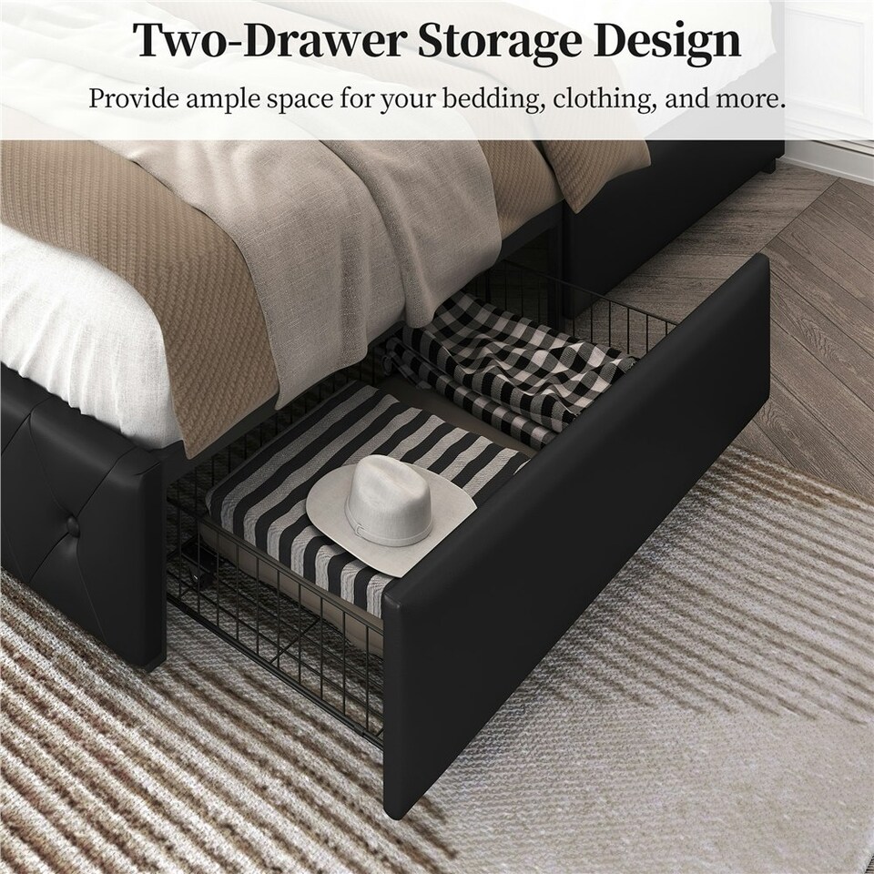 image 1 of Yaheetech 150 cm W × 200 cm L Bed Frame with Adjustable Headboard and 2 Drawers Black