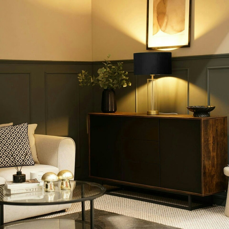 image 1 of ValueLights Clear Tube and Gold Metal Bedside Table Lamp with a Black Velvet Shade