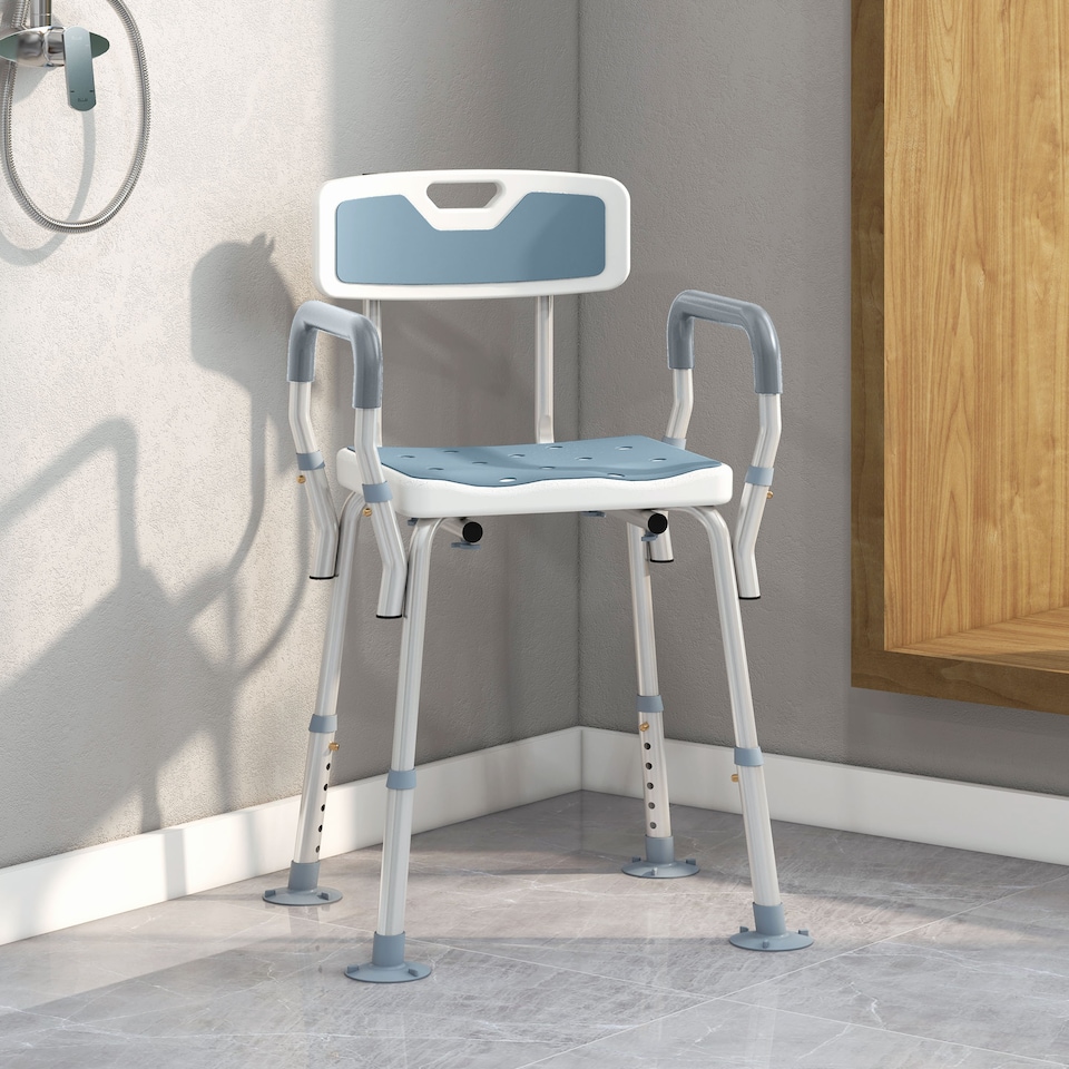 image 1 of HOMCOM EVA Padded Shower Chair for the Elderly and Disabled, Height Adjustable Shower Stool with Back and Arms, 4 Suction Foot Pads, Light Blue