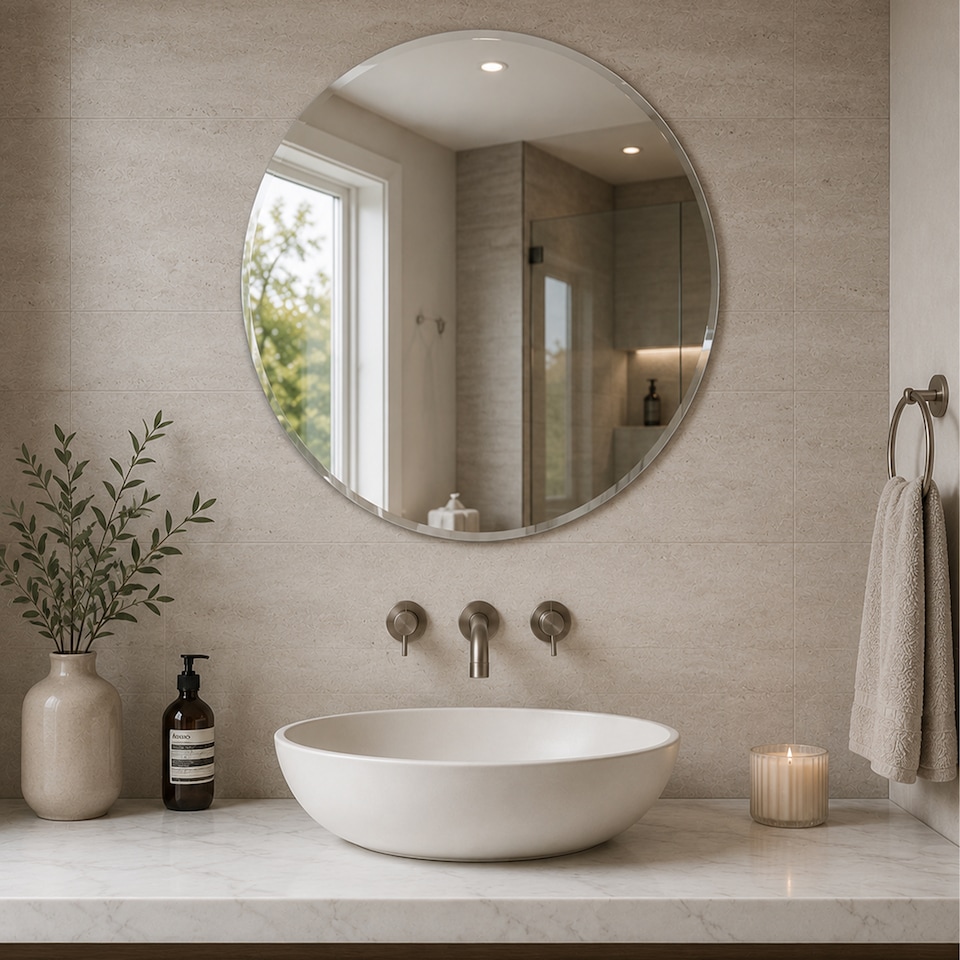 image 1 of Showerdrape Fitzrovia Round Wall Mounted Frameless Bevelled Edge Bathroom Mirror 60 x 60cm | Chrome | Mirror | 1