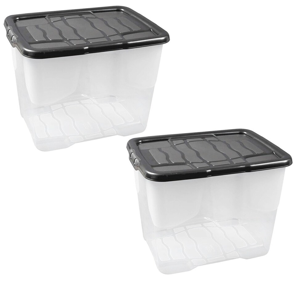 image 1 of 3 x 10 Litre Clear Transparent Base Stackable Curve Plastic Storage Boxes With Black Lids Clear