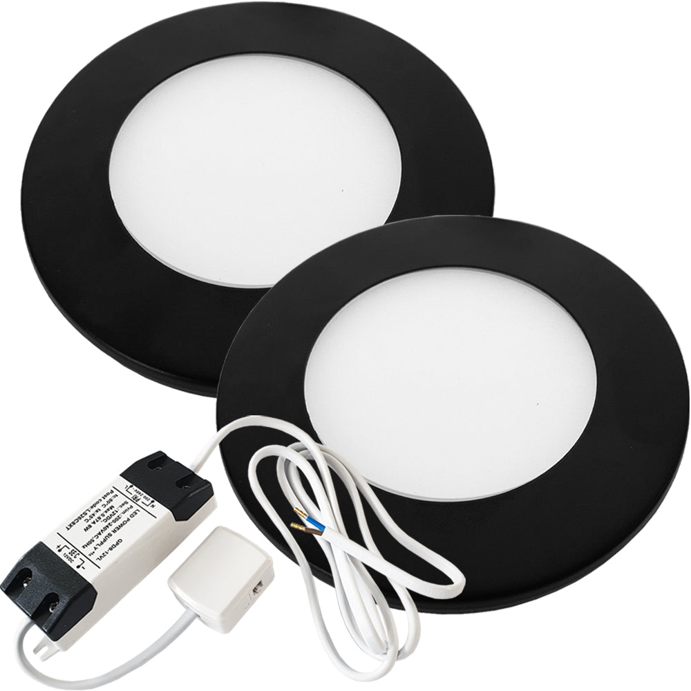 Loops 2x MATT BLACK Ultra-Slim Round Under Cabinet Kitchen Light & Driver Kit - Warm White Diffused LED
