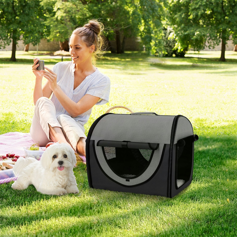 image 1 of PawHut Folding Fabric Soft Pet Crate Dog Cat Travel Carrier Cage | Black | One Size