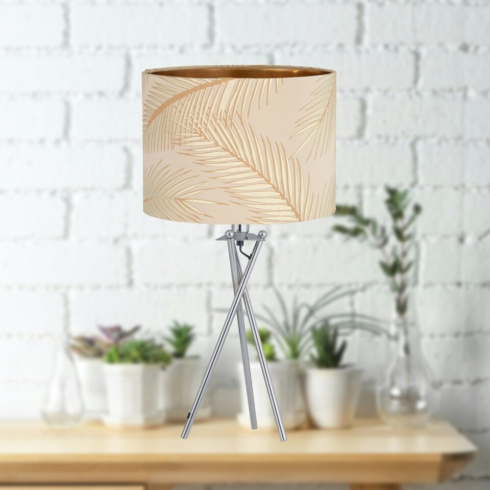 image 1 of First Choice Lighting Set of 2 Tropica Chrome Tripod Table Lamps with Champagne and Gold Leaf Embossed Shade Chrome | Gold