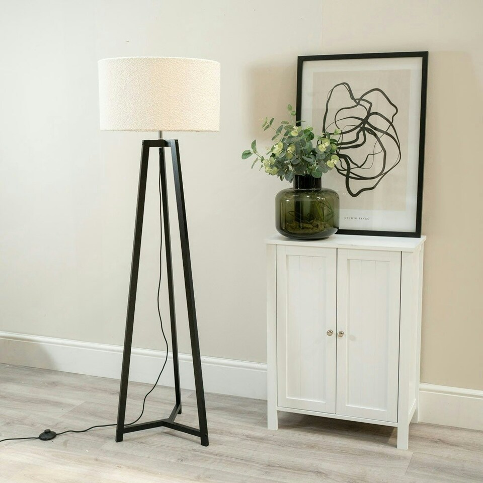 image 1 of ValueLights Lottie Black Wood Tripod Floor Lamp with Cream Boucle Drum Shade and LED Bulb