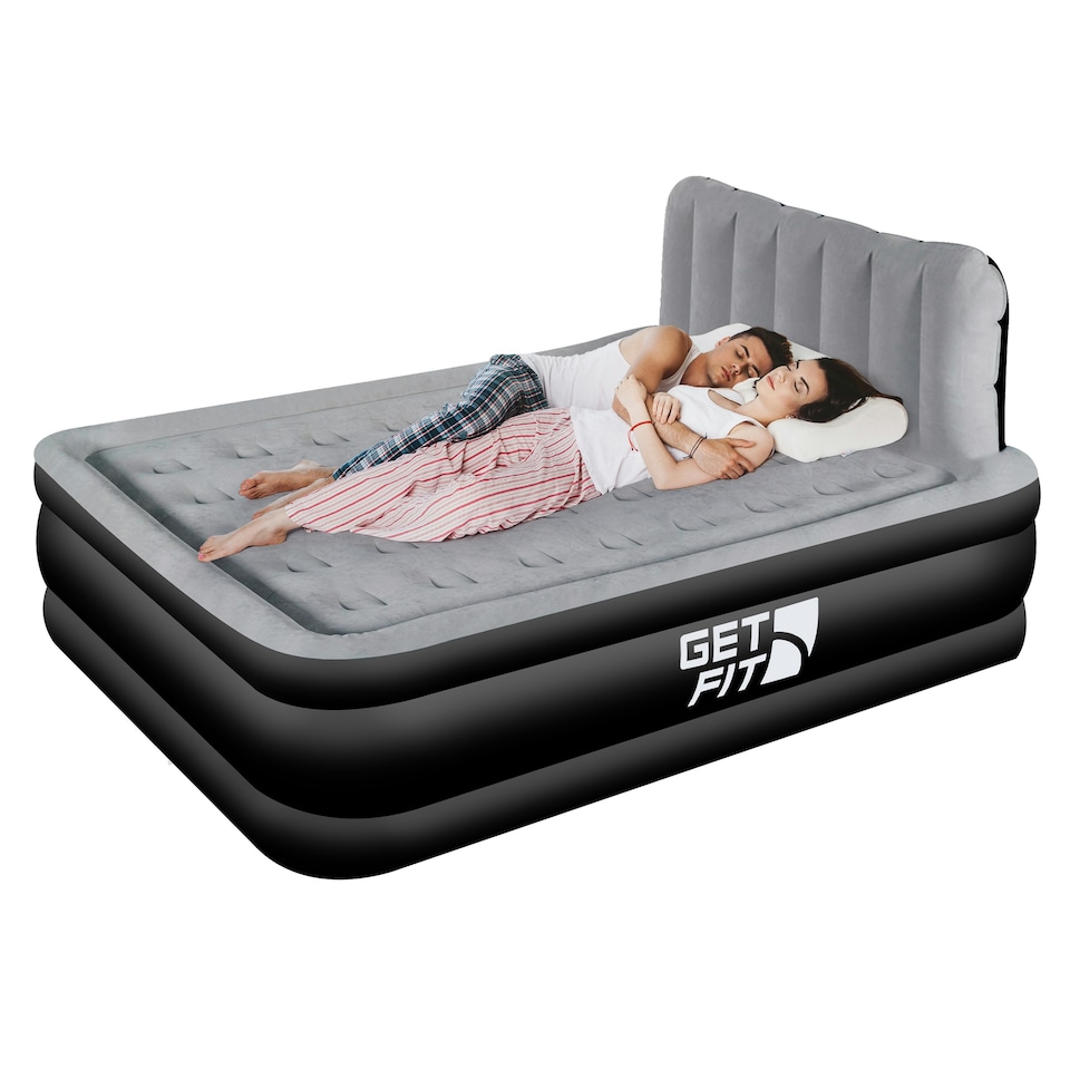 image 1 of Get Fit Air Bed With Built In Electric Pump - King Airbed Blow Up Bed With Headboard, 2 Free Inflatable Pillows - Elevated Inflatable Air Mattress - Black/Grey