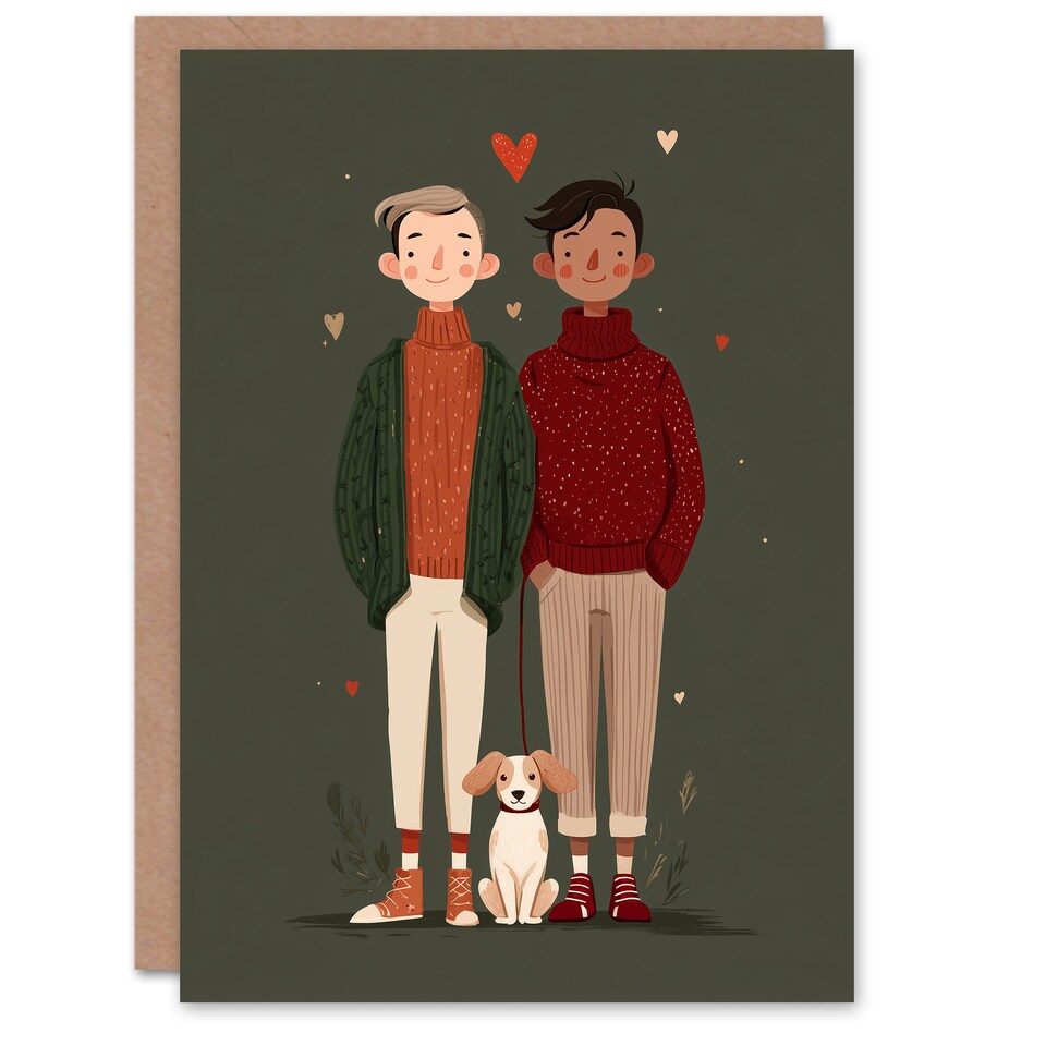 image 1 of Cute Gay Couple With Pet Dog Modern Illustration Valentine's Day Card