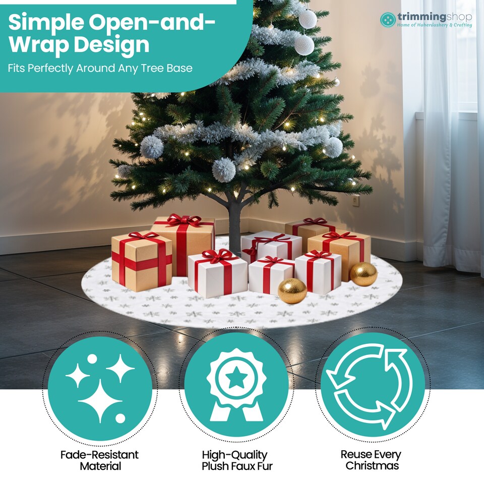 image 1 of 100cm White Velvet Christmas Tree Skirt with Silver Snowflake Pattern